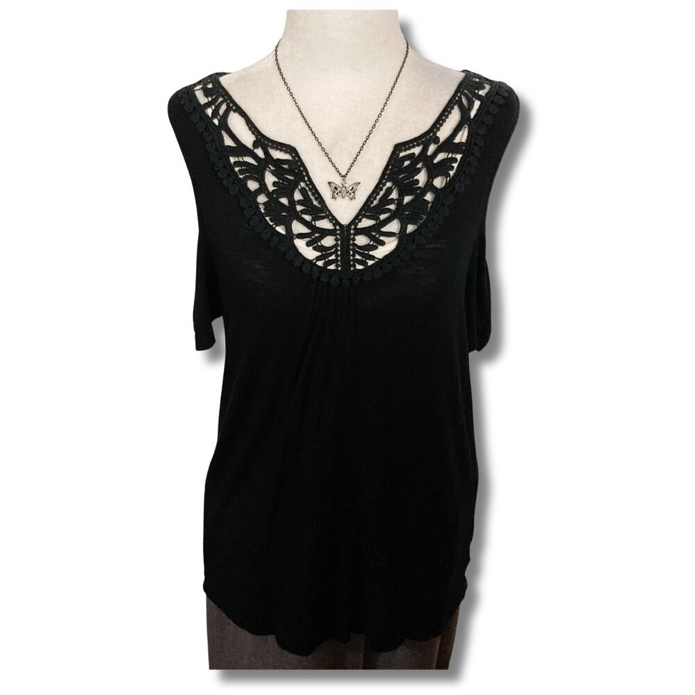 KISMET Black cold shoulder top with crochet neckline ~ Goth MEDIUM LARGE shirt